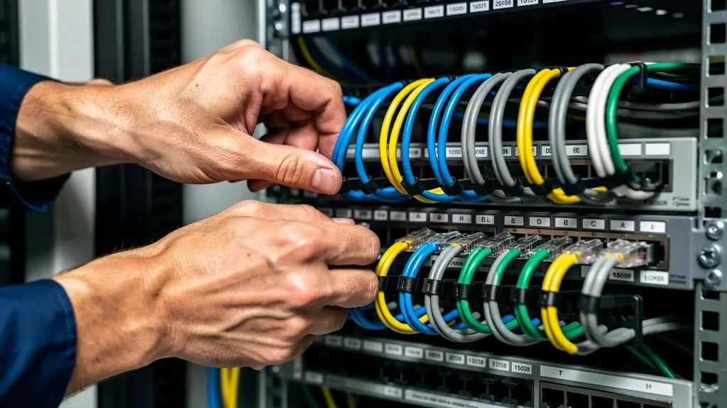 Mains d'un technicien organisant et installant des câbles réseau structurés dans une baie de brassage data center