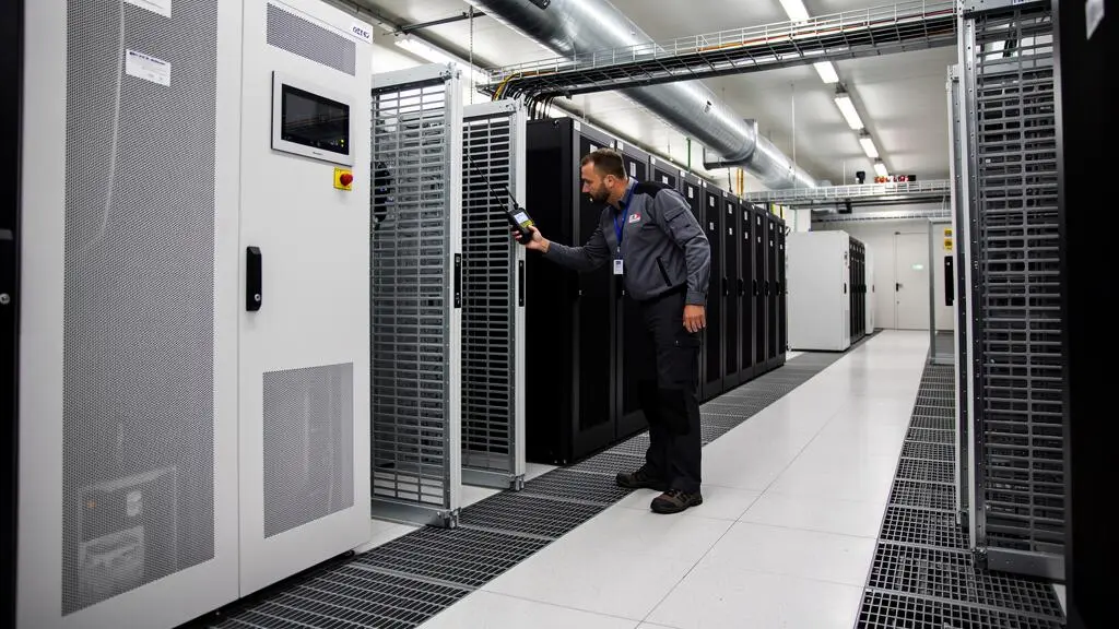 Technicien vérifiant le système de refroidissement et de climatisation dans un data center
